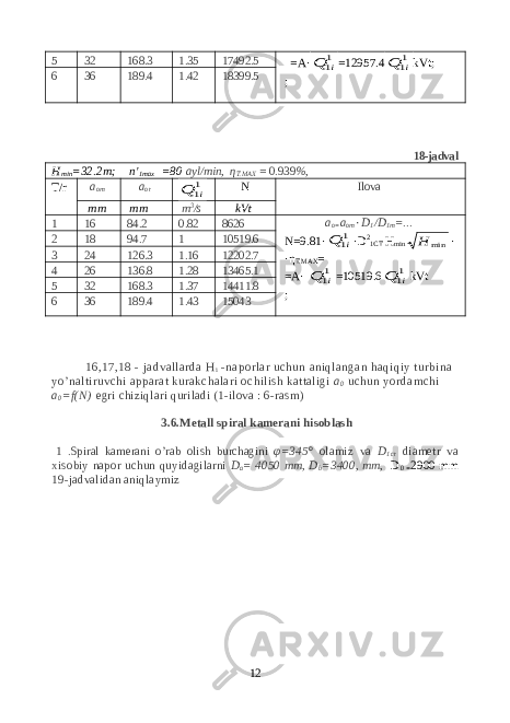 =A·11i Q =12957.4 11i Q kVt ; ;5 32 168.3 1.35 17492.5 6 36 189.4 1.42 18399.5 18-jadval H min =32.2 m ; n &#39; 1max = 80 ayl/min, η T.MAX = 0.939 %, T/r a o m a o t 11i Q N Ilova m m m m m 3 /s kVt 1 16 84.2 0.82 8626 a o= a om ٠ D 1 /D 1m =... N=9.81· 11i Q ·D 2 1CT H min min Н · · η T.MAX = = A · 11i Q =10519.6 11i Q kVt ;2 18 94.7 1 10519.6 3 24 126.3 1.16 12202.7 4 26 136.8 1.28 13465.1 5 32 168.3 1.37 14411.8 6 36 189.4 1.43 15043 16,17,18 - jadvallarda H i -naporlar uchun aniqlangan haqiqiy turbina yo’naltiruvchi apparat kurakchalari ochilish kattaligi a 0 uchun yordamchi a 0 = f ( N ) egri chiziq l ari quriladi ( 1- i lova : 6 -rasm) 3.6.Metall spiral kamerani hisoblash 1 .Spiral kamerani o’rab olish burchagini φ =345° olamiz va D 1ct diametr va xisobiy napor uchun quyidagilarni D a = 4050 mm, D b =3400, mm, D 0 = 2900 mm 19-jadvalidan aniqlaymiz 12 