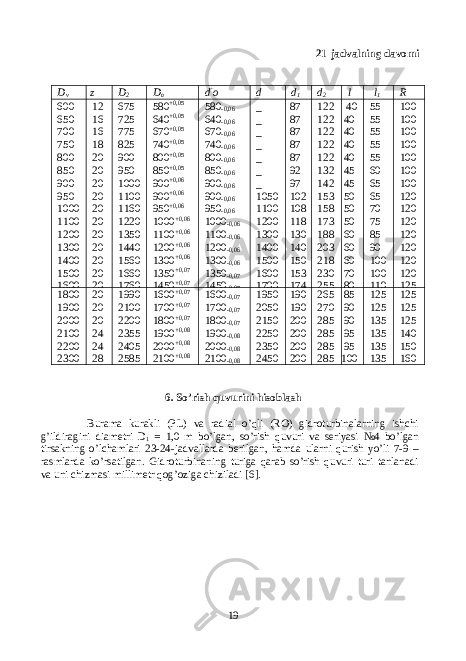 21 -jadval ning davomi D v z D 2 D o d ’ o d d 1 d 2 l l 1 R 600 650 700 750 800 850 900 950 1000 1100 1200 1300 1400 1500 1600 12 16 16 18 20 20 20 20 20 20 20 20 20 20 20 675 725 775 825 900 950 1000 1100 1160 1220 1350 1440 1560 1660 1760 580 +0,05 640 +0,05 670 +0,05 740 +0,05 800 +0,05 850 +0,05 900 +0,06 900 +0,06 950 +0,06 1000 +0,06 1100 +0,06 1200 +0,06 1300 +0,06 1350 +0,07 1450 +0,07 580 -0,06 640 -0,06 670 -0,06 740 -0,06 800 -0,06 850 -0,06 900 -0,06 900 -0,06 950 -0,06 1000 -0,06 1100 -0,06 1200 -0,06 1300 -0,06 1350 -0,07 1450 -0,07 _ _ _ _ _ _ _ 1050 1100 1200 1300 1400 1500 1600 1700 87 87 87 87 87 92 97 102 108 118 130 140 150 153 174 122 122 122 122 122 132 142 153 158 173 188 203 218 230 255 40 40 40 40 40 45 45 50 50 50 60 60 60 70 80 55 55 55 55 55 60 65 65 70 75 85 90 100 100 110 100 100 100 100 100 100 100 120 120 120 120 120 120 120 125 1800 1900 2000 2100 2200 2300 20 20 20 24 24 28 1990 2100 2200 2355 2405 2585 1600 +0,07 1700 +0,07 1800 +0,07 1900 +0,08 2000 +0,08 2100 +0,08 1600 -0,07 1700 -0,07 1800 -0,07 1900 -0,08 2000 -0,08 2100 -0,08 1950 2050 2150 2250 2350 2450 190 190 200 200 200 200 265 270 285 285 285 285 85 90 90 95 95 100 125 125 135 135 135 135 125 125 125 140 150 160 6. So’rish quvurini hisoblash Burama kurakli (PL) va radial o’qli (RO) gidroturbinalarning ishchi g’ildiragini diametri D 1 = 1,0 m bo’lgan, so’rish quvuri va seriyasi №4 bo’lgan tirsakning o’lchamlari 23-24-jadvallarda berilgan, hamda ularni qurish yo’li 7-9 – rasmlarda ko’rsatilgan. Gidroturbinaning turiga qarab so’rish quvuri turi tanlanadi va uni chizmasi millimetr qog’oziga chiziladi [6]. 19 