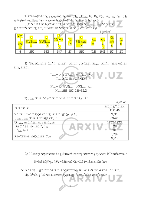 1. Gidroturbina parametrlarini: H m a x , . H min , N , D 1 , Q ′ 1 , n si ,  t , n S , H S aniqlash va H m a x napor asosida gidroturbina turini tanlash. Har bir talaba 1-jadvalning variantlari asosida H max , . H min , bo’yicha gidroturbinaning turi, quvvati va boshqa kattaliklarni aniqlaydi. 1- jadval Vari - ant- lar ▼ YUB max , m ▼ YUB min , m ▼ PB min , m H h , m ▼ P B max , m h w , m ▼ P B m Q , m 3 / s L, м 4 590 583 547 37 5 50 0.8 542 50 50 1) Gidroturbina turini tanlash uchun quyidagi H max , Hmin , parametrlar aniqlanadi: H max = ▼ YUB max - ▼PB max - h w ; H max = 590-547-0,8=42,2 H min = ▼ YUB min - ▼PB max - h w . H min = 583-550-0,8=32,2 2) H max napor bo`yicha turbina turini tanlayman: 2-jadval Parametrlar Ishchi g’ildirak RO’ 45 Yo’naltiruvchi apparatning balandligi b = b o / D 1 0 , 35 H max, H m in napor l ar chegarasi, m 30-45 Q 1 1 m a x , keltirilgan suv sarfi, l/s 1400 - 1370 Keltirilgan ayl . soni, n 1 1o n 1 1his , ayl/min 78 78 Kavitatsiya koef-fitsienti, σ 0,27- 0,23 3). Hisobiy napor asosida gidroturbinaning taxminiy quvvati N hisoblanadi: N =9.81 QHη m , kVt =9.81*50*37*0.91=16515.135 kvt bu erda ì  gidroturbananing bosh universal xarakteristikasidan olinadi. 4). Ishchi g’ildirak diametri quyidagi formuladan aniqlanadi: 2 