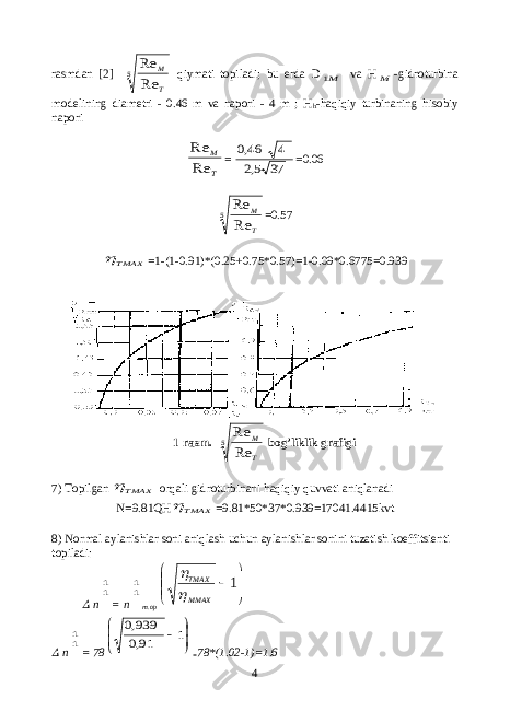 rasmdan [2] 5 Re Re T M qiymati topiladi; bu erda D М1 va H М -gidroturbina modelining diametri - 0.46 m va napori - 4 m ; H h -haqiqiy turbinaning hisobiy napori T M Re Re = 37 5,2 4 46,0 =0.06 5 Re Re T M =0.57 МАХТ  =1-(1-0.91)*(0.25+0.75*0.57)=1-0.09*0.6775=0.939 1-rasm. 5 Re Re T M bog’liklik grafigi 7) Topilgan МАХТ  orqali gidroturbinani haqiqiy quvvati aniqlanadi N=9.81QH МАХТ  =9.81*50*37*0.939=17041.4415kvt 8) Normal aylanishlar soni aniqlash uchun aylanishlar sonini tuzatish koeffitsienti topiladi:  n 11 = n 11 m.op       1 ММАХ ТМАХ    n 11 = 78       1 91,0 939,0 = 78*(1.02-1)=1.6 4 