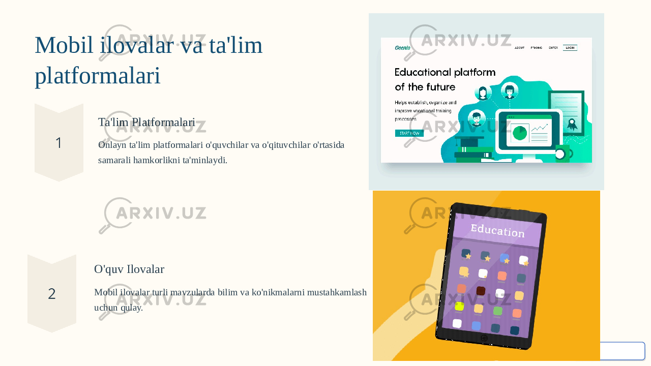 Mobil ilovalar va ta&#39;lim platformalari Ta&#39;lim Platformalari Onlayn ta&#39;lim platformalari o&#39;quvchilar va o&#39;qituvchilar o&#39;rtasida samarali hamkorlikni ta&#39;minlaydi. O&#39;quv Ilovalar Mobil ilovalar turli mavzularda bilim va ko&#39;nikmalarni mustahkamlash uchun qulay. 