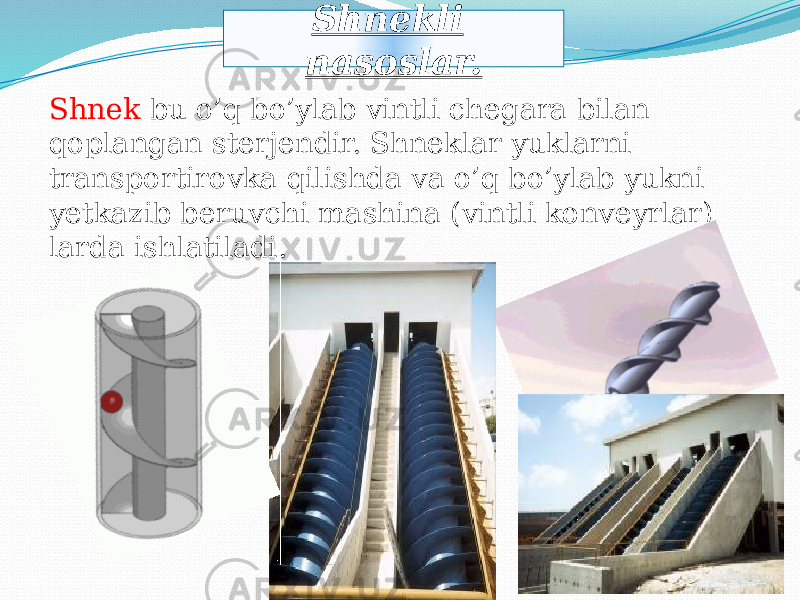 Shnek bu o’q bo’ylab vintli chegara bilan qoplangan sterjendir. Shneklar yuklarni transportirovka qilishda va o’q bo’ylab yukni yetkazib beruvchi mashina (vintli konveyrlar) larda ishlatiladi. Shnekli nasoslar.140E0320 0304 