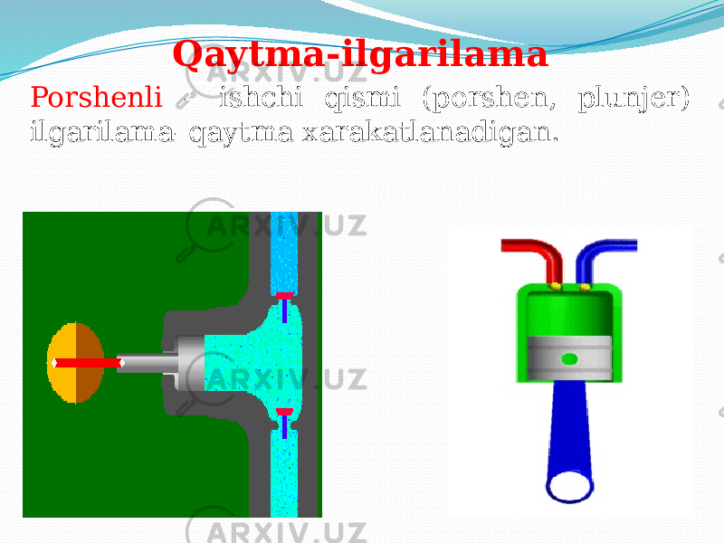 Qaytma-ilgarilama Porshenli – ishchi qismi (porshen, plunjer) ilgarilama–qaytma xarakatlanadigan. 