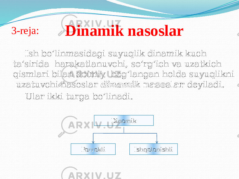 Dinamik Parrakli Ishqalanishli Dinamik nasoslar Ish bo’linmasidagi suyuqlik dinamik kuch ta’sirida harakatlanuvchi, so’rg’ich va uzatkich qismlari bilan doimiy bog’langan holda suyuqlikni uzatuvchi nasoslar dinamik nasoslar deyiladi. Ular ikki turga bo’linadi.3-reja:1D 1E 1F 