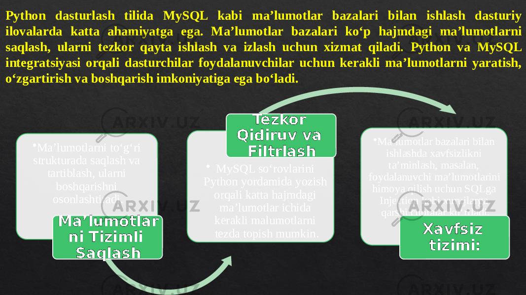 • Ma’lumotlarni to‘g‘ri strukturada saqlash va tartiblash, ularni boshqarishni osonlashtiradi. Ma’lumotlar ni Tizimli Saqlash • MySQL so‘rovlarini Python yordamida yozish orqali katta hajmdagi ma’lumotlar ichida kerakli malumotlarni tezda topish mumkin. Tezkor Qidiruv va Filtrlash • Ma’lumotlar bazalari bilan ishlashda xavfsizlikni ta’minlash, masalan, foydalanuvchi ma’lumotlarini himoya qilish uchun SQLga Injection kabi xurujlarga qarshi choralar ko‘riladi. Xavfsiz tizimi: Python dasturlash tilida MySQL kabi ma’lumotlar bazalari bilan ishlash dasturiy ilovalarda katta ahamiyatga ega. Ma’lumotlar bazalari ko‘p hajmdagi ma’lumotlarni saqlash, ularni tezkor qayta ishlash va izlash uchun xizmat qiladi. Python va MySQL integratsiyasi orqali dasturchilar foydalanuvchilar uchun kerakli ma’lumotlarni yaratish, o‘zgartirish va boshqarish imkoniyatiga ega bo‘ladi. 