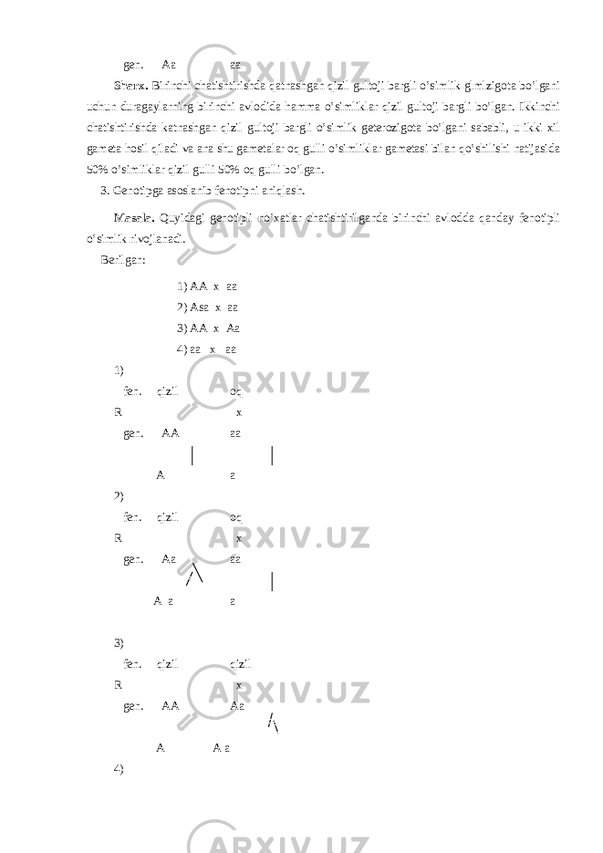  gen. Aa aa Sharx. Birinchi chatishtirishda q atnashgan qizil gultoji bargli o’simlik glmlzigota bo’lgani uchun duragaylarning birinchi avlodida hamma o’simliklar qizil gultoji bargli bo’lgan. Ikkinchi chatishtirishda katnashgan qizil gultoji bargli o’simlik geterozigota bo’lgani sababli, u ikki xil gameta hosil qiladi va ana shu gametalar oq gulli o’simliklar gametasi bilan qo’shilishi natijasida 50% o’simliklar qizil gulli 50% oq gulli bo’lgan. 3. Genotipga asoslanib fenotipni aniqlash. Masala. Quyidagi genotipli no’xatlar chatishtirilganda birinchi avlodda qanday fenotipli o’simlik rivojlanadi. Berilgan: 1) AA x aa 2) Asa x aa 3) AA x Aa 4) aa x aa 1) fen. qizil oq R x gen. AA aa A a 2) fen. qizil oq R x gen. Aa aa A a a 3) fen. qizil qizil R x gen. AA Aa A A a 4) 