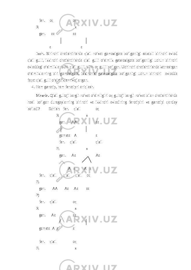  fen. oq oq R x gen. aa aa a a Izoh. Birinchi chatishtirishda qizil no’xat gomozigota bo’lganligi sababli birinchi avlod qizil gulli, ikkinchi chatishtirishda qizil gulli o’simlik geterozigota bo’lganligi uchun birinchi avloddagi o’simliklar 50% qizil gulli, 50% oq gulli bo’lgan. Uchinchi chatishtirishda katnashgan o’simliklarning biri gomozigota, ikkinchisi geterozigota bo’lganligi uchun birinchi avlodda faqat qizil gulli o’simliklar rivojlangan. 4. Ham genotip, ham fenotipni aniqlash. Masala. Qizil gultoji bargli no’xat o’simligini oq gultoji bargli no’xat bilan chatishtirishda hosil bo’lgan duragaylarning birinchi va ikkinchi avlodining fenotipini va genotipi qanday bo’ladi? Echish: fen. qizil oq R x gen. AA aa gameta A a fen. qizil qizil F 1 x gen. Aa Aa A a A a fen. qizil qizil qizil oq F 2 gen. AA Aa Aa aa 2) fen. qizil oq R x gen. Aa aa gameta A a a fen. qizil oq F 1 x 