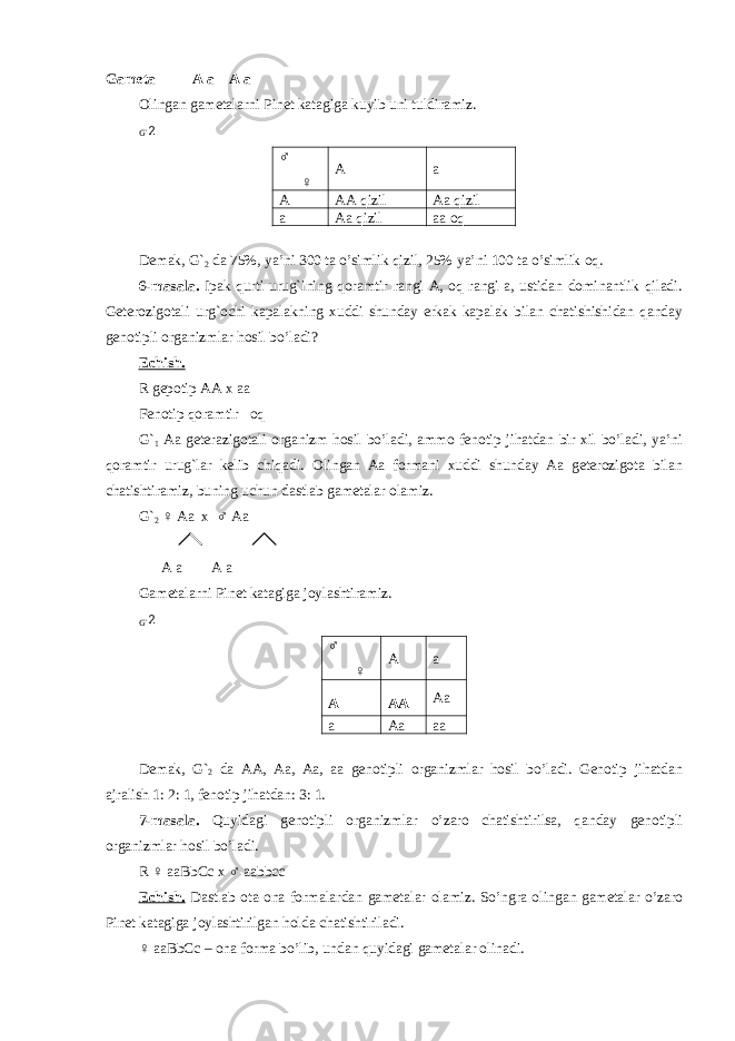 Gameta A a A a Olingan gametalarni Pinet katagiga kuyib uni tuldiramiz. G` 2 ♂ ♀ A a A AA qizil Aa qizil a Aa qizil aa oq Demak, G` 2 da 75%, ya’ni 300 ta o’simlik qizil, 25% ya’ni 100 ta o’simlik oq. 6-masala. Ipak qurti urug`ining qoramtir rangi A, oq rangi a, ustidan dominantlik qiladi. Geterozigotali urg`ochi kapalakning xuddi shunday erkak kapalak bilan chatishishidan qanday genotipli organizmlar hosil bo’ladi? Echish. R gepotip AA x aa Fenotip qoramtir oq G` 1 Aa geterazigotali organizm hosil bo’ladi, ammo fenotip jihatdan bir xil bo’ladi, ya’ni qoramtir urug`lar kelib chiqadi. Olingan Aa formani xuddi shunday Aa geterozigota bilan chatishtiramiz, buning uchun dastlab gametalar olamiz. G` 2 ♀ Aa x ♂ Aa A a A a Gametalarni Pinet katagiga joylashtiramiz. G` 2 ♂ ♀ A a A AA Aa a Aa aa Demak, G` 2 da AA, Aa, Aa, aa genotipli organizmlar hosil bo’ladi. Genotip jihatdan ajralish 1: 2: 1, fenotip jihatdan: 3: 1. 7-masala. Quyidagi genotipli organizmlar o’zaro chatishtirilsa, qanday genotipli organizmlar hosil bo’ladi. R ♀ aaBbCc x ♂ aabbcc Echish. Dastlab ota-ona formalardan gametalar olamiz. So’ngra olingan gametalar o’zaro Pinet katagiga joylashtirilgan holda chatishtiriladi. ♀ aaBbCc – ona forma bo’lib, undan quyidagi gametalar olinadi. 