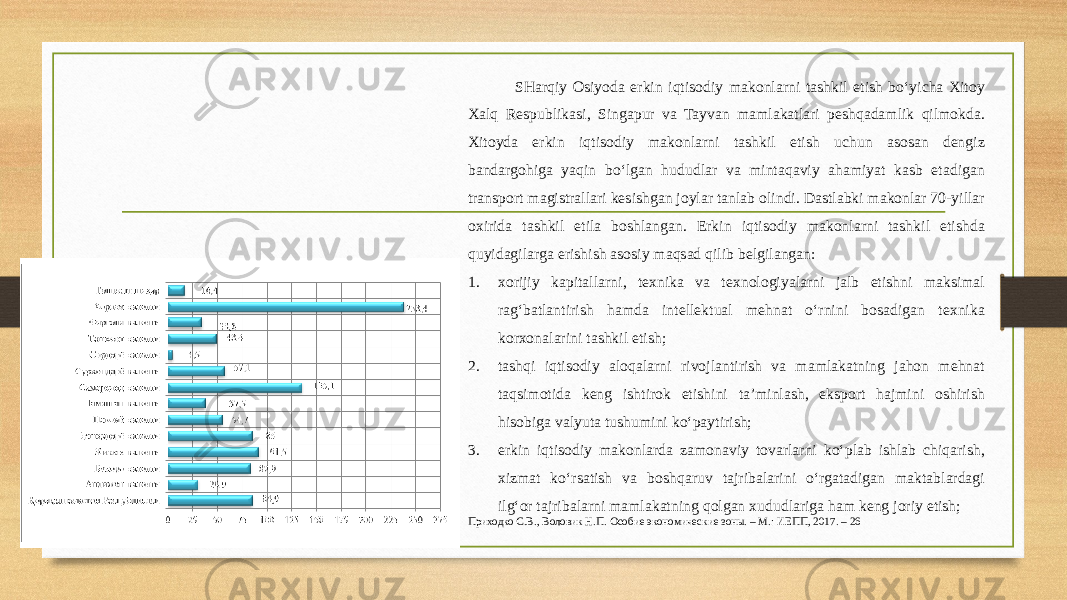 SHarqiy Osiyoda erkin iqtisodiy makonlarni tashkil etish bo‘yicha Xitoy Xalq Respublikasi, Singapur va Tayvan mamlakatlari peshqadamlik qilmokda. Xitoyda erkin iqtisodiy makonlarni tashkil etish uchun asosan dengiz bandargohiga yaqin bo‘lgan hududlar va mintaqaviy ahamiyat kasb etadigan transport magistrallari kesishgan joylar tanlab olindi. Dastlabki makonlar 70-yillar oxirida tashkil etila boshlangan. Erkin iqtisodiy makonlarni tashkil etishda quyidagilarga erishish asosiy maqsad qilib belgilangan: 1. xorijiy kapitallarni, texnika va texnologiyalarni jalb etishni maksimal rag‘batlantirish hamda intellektual mehnat o‘rnini bosadigan texnika korxonalarini tashkil etish; 2. tashqi iqtisodiy aloqalarni rivojlantirish va mamlakatning jahon mehnat taqsimotida keng ishtirok etishini ta’minlash, eksport hajmini oshirish hisobiga valyuta tushumini ko‘paytirish; 3. erkin iqtisodiy makonlarda zamonaviy tovarlarni ko‘plab ishlab chiqarish, xizmat ko‘rsatish va boshqaruv tajribalarini o‘rgatadigan maktablardagi ilg‘or tajribalarni mamlakatning qolgan xududlariga ham keng joriy etish; Приходко С.В., Воловик Н.П. Особие экономические зоны. – М.: ИЕПП, 2017. – 26 