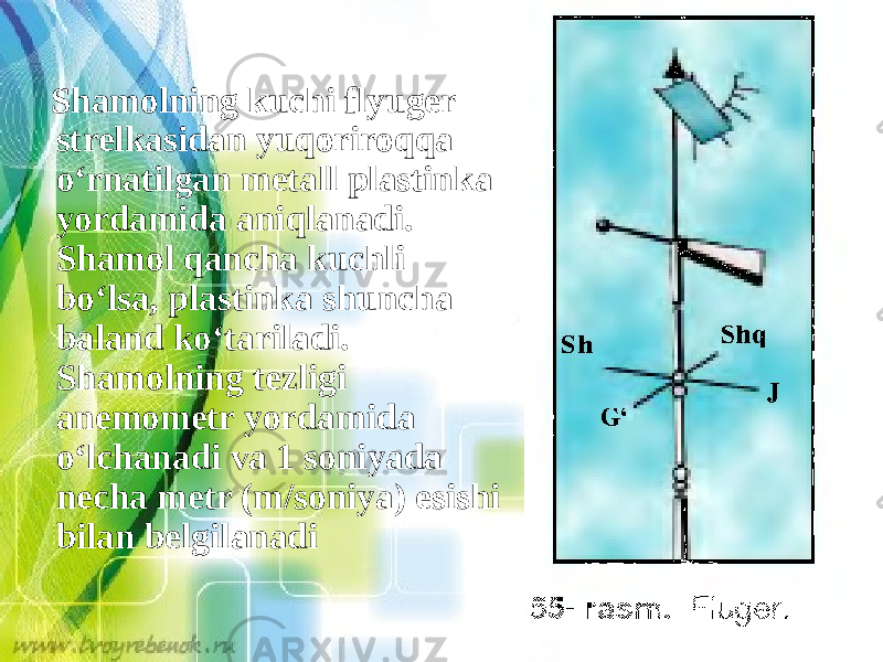  Shamolning kuchi flyuger strelkasidan yuqoriroqqa o‘rnatilgan metall plastinka yordamida aniqlanadi. Shamol qancha kuchli bo‘lsa, plastinka shuncha baland ko‘tariladi. Shamolning tezligi anemometr yordamida o‘lchanadi va 1 soniyada necha metr (m/soniya) esishi bilan belgilanadi 