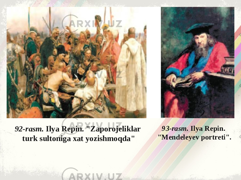 92-rasm. Ilya Repin. &#34;Zaporojeliklar turk sultoniga xat yozishmoqda&#34; 93-rasm. Ilya Repin. &#34;Mendeleyev portreti&#34;. 