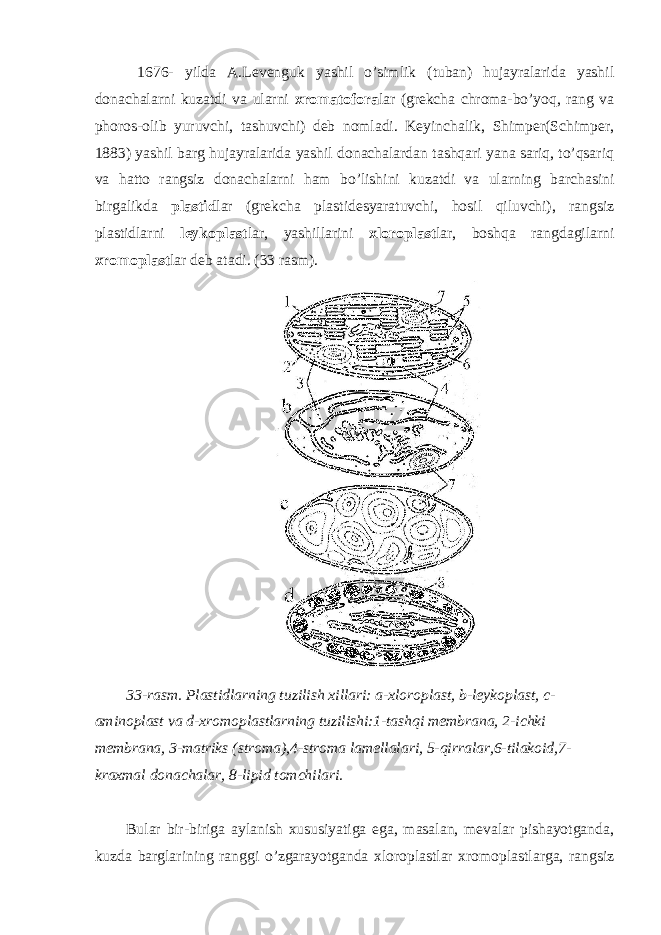  1676- yilda A.Levenguk yashil o’simlik (tuban) hujayralarida yashil donachalarni kuzatdi va ularni xromatofora lar (grekcha chroma-bo’yoq, rang va phoros-olib yuruvchi, tashuvchi) deb nomladi. Keyinchalik, Shimper(Schimper, 1883) yashil barg hujayralarida yashil donachalardan tashqari yana sariq, to’qsariq va hatto rangsiz donachalarni ham bo’lishini kuzatdi va ularning barchasini birgalikda plastid lar (grekcha plastidesyaratuvchi, hosil qiluvchi), rangsiz plastidlarni leykoplast lar, yashillarini xloroplast lar, boshqa rangdagilarni xromoplast lar deb atadi. (33 rasm). 33-rasm. Plastidlarning tuzilish xillari: a-xloroplast, b-leykoplast, c- aminoplast va d-xromoplastlarning tuzilishi:1-tashqi membrana, 2-ichki membrana, 3-matriks (stroma),4-stroma lamellalari, 5-qirralar,6-tilakoid,7- kraxmal donachalar, 8-lipid tomchilari. Bular bir-biriga aylanish xususiyatiga ega, masalan, mevalar pishayotganda, kuzda barglarining ranggi o’zgarayotganda xloroplastlar xromoplastlarga, rangsiz 