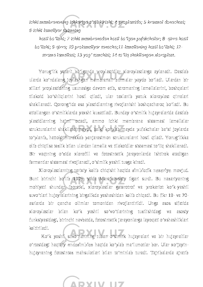 ichki membrananing ichkariga o’sib kirishi; 4-proplastida; 5-kraxmal donachasi; 6-ichki lamellyar tizimning hosil bo’lishi; 7-ichki membranadan hosil bo’lgan pufakchalar; 8- qirra hosil bo’lishi; 9-qirra; 10-prolamellyar tanacha;11-lemellaning hosil bo’lishi; 12- stroma lamellasi; 13-yog’ tomchisi; 14-to’liq shakllangan xloroplast. Yorug’lik yetarli bo’lganda proplastidlar xloroplastlarga aylanadi. Dastlab ularda ko’ndalang joylashgan membranali burmalar paydo bo’ladi. Ulardan bir xillari proplastidning uzunasiga davom etib, stromaning lamellalarini, boshqalari tilakoid bo’shliqlarini hosil qiladi, ular taxlanib yetuk xloroplast qirralari shakllanadi. Qorong’ida esa plastidlarning rivojlanishi boshqacharoq bo’ladi. Bu etiollangan o’simliklarda yaxshi kuzatiladi. Bunday o’simlik hujayralarida dastlab plastidlarning hajmi ortadi, ammo ichki membrana sistemasi lamellalar strukturalarini shakllantirmaydi, balki ko’plab mayda pufakchalar ba’zi joylarda to’planib, hattoki murakkab panjarasimon strukturalarni hosil qiladi. Yorug’likka olib chiqilsa tezlik bilan ulardan lamella va tilakoidlar sistemasi to’liq shakllanadi. Bir vaqtning o’zida xlorofill va fotosintetik jarayonlarda ishtirok etadigan fermentlar sistemasi rivojlanadi, o’simlik yashil tusga kiradi. Xloroplastlarning tarixiy kelib chiqishi haqida simbiotik nazariya mavjud. Buni birinchi bo’lib 1905- yilda Merejkovskiy ilgari surdi. Bu nazariyaning mohiyati shundan iboratki, xloroplastlar geterotrof va prokariot ko’k-yashil suvo’tlari hujayralarining birgalikda yashashidan kelib chiqadi. Bu fikr 19- va 20- asrlarda bir qancha olimlar tomonidan rivojlantirildi. Unga asos sifatida xloroplastlar bilan ko’k yashil so’vo’tlarining tuzilishidagi va asosiy funksiyasidagi, birinchi navbatda, fotosintetik jarayonlarga layoqati o’xshashliklari keltiriladi. Ko’k yashil suvo’tlarining tuban o’simlik hujayralari va bir hujayralilar o’rtasidagi haqiqiy endosimbioz haqida ko’plab ma’lumotlar bor. Ular xo’jayin- hujayraning fotosintez mahsulotlari bilan ta’minlab turadi. Tajribalarda ajratib 