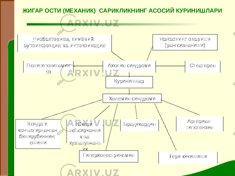 Дисбактериоз, кимёвий аутоинфекция ва интоксикация Нажаснинг окариши ( рангсизланиши ) Полигиповитамин оз Ахолия синдроми Стеаторея Куринишлар Холемия синдроми Кондаги конъюгирланган билирубиннинг ошиши Юкори таъсирчанли к ва кузгалувчанл ик Брадикардия Артериал гипотензия Гиперхолестринемия Тери кичишиши ЖИГАР ОСТИ (МЕХАНИК) САРИКЛИКНИНГ АСОСИЙ КУРИНИШЛАРИ 