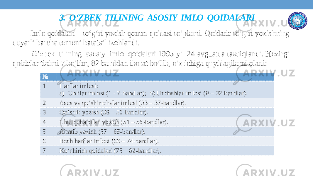 3. O‘ZBEK TILINING ASOSIY IMLO QOIDALARI Imlo qoidalari – to‘g‘ri yozish qonun-qoidasi to‘plami. Qoidada to‘g‘ri yozishning deyarli barcha tomoni batafsil izohlandi. O‘zbek tilining asosiy imlo qoidalari 1995-yil 24-avgustda tasdiqlandi. Hozirgi qoidalar tizimi 7 bo‘lim, 82 banddan iborat bo‘lib, o‘z ichiga quyidagilarni oladi: № 1 Harflar imlosi: a) Unlilar imlosi (1 - 7-bandlar); b) Undoshlar imlosi (8 – 32-bandlar). 2 Asos va qo‘shimchalar imlosi (33 – 37-bandlar). 3 Qo‘shib yozish (38 – 50-bandlar). 4 Chiziqcha bilan yozish (51 – 56-bandlar). 5 Ajratib yozish (57 – 65-bandlar). 6 Bosh harflar imlosi (66 – 74-bandlar). 7 Ko‘chirish qoidalari (75 – 82-bandlar). 