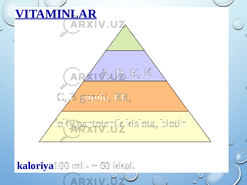 kaloriya 100 ml - ~ 60 kkal.VITAMINLAR A, D, E, K C, B guruhi, RR, foliy,pantotenik kislota, biotin 