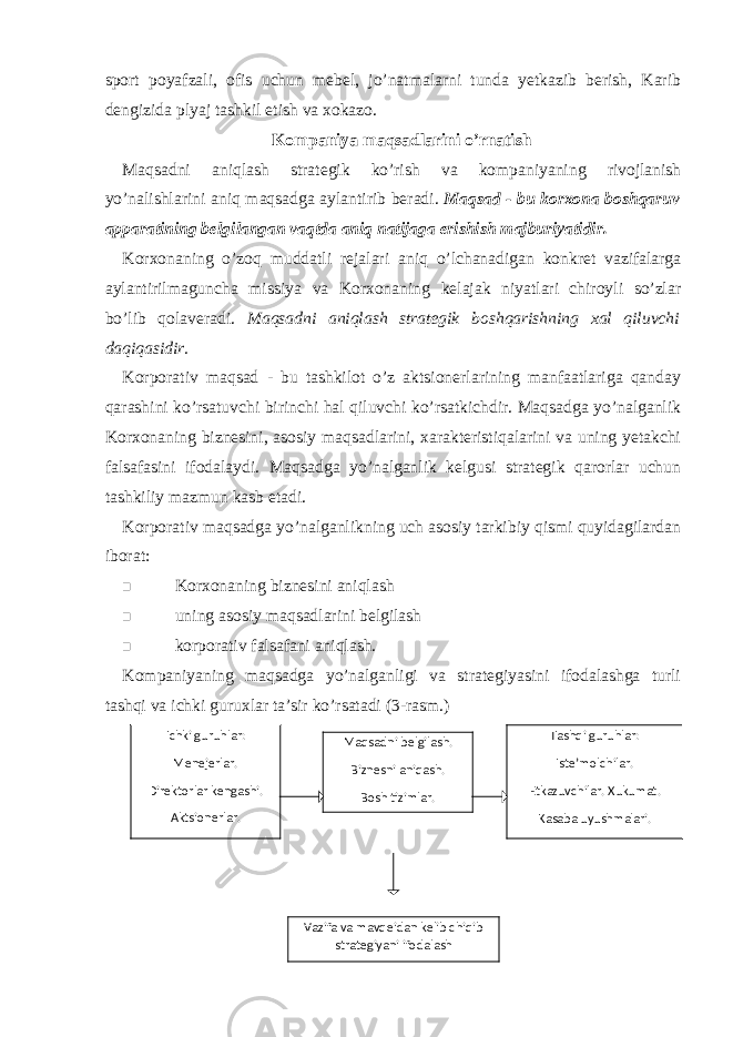 sport poyafzali, ofis uchun mebel, jo’natmalarni tunda yetkazib berish, Karib dengizida plyaj tashkil etish va xokazo. Kompaniya maqsadlarini o’rnatish Maqsadni aniqlash strategik ko’rish va kompaniyaning rivojlanish yo’nalishlarini aniq maqsadga aylantirib beradi. Maqsad - bu korxona boshqaruv apparatining belgilangan vaqtda aniq natijaga erishish majburiyatidir. Korxonaning o’zoq muddatli rejalari aniq o’lchanadigan konkret vazifalarga aylantirilmaguncha missiya va Korxonaning kelajak niyatlari chiroyli so’zlar bo’lib qolaveradi. Maqsadni aniqlash strategik boshqarishning xal qiluvchi daqiqasidir. Korporativ maqsad - bu tashkilot o’z aktsionerlarining manfaatlariga qanday qarashini ko’rsatuvchi birinchi hal qiluvchi ko’rsatkichdir. Maqsadga yo’nalganlik Korxonaning biznesini, asosiy maqsadlarini, xarakteristiqalarini va uning yetakchi falsafasini ifodalaydi. Maqsadga yo’nalganlik kelgusi strategik qarorlar uchun tashkiliy mazmun kasb etadi. Korporativ maqsadga yo’nalganlikning uch asosiy tarkibiy qismi quyidagilardan iborat:  Korxonaning biznesini aniqlash  uning asosiy maqsadlarini belgilash  korporativ falsafani aniqlash. Kompaniyaning maqsadga yo’nalganligi va strategiyasini ifodalashga turli tashqi va ichki guruxlar ta’sir ko’rsatadi ( 3 -rasm.) Ichki guru h lar: Menejerlar. Direktorlar kengashi. Aktsionerlar. Ma qs adni belgilash. Biznesni ani q ash. Bosh tizimlar. Tash q i guru h lar: Iste’molchilar. Etkazuvchilar. Xukumat. Kasaba uyushmalari. Vazifa va mav q eidan kelib chi q ib strategiyani ifodalash 