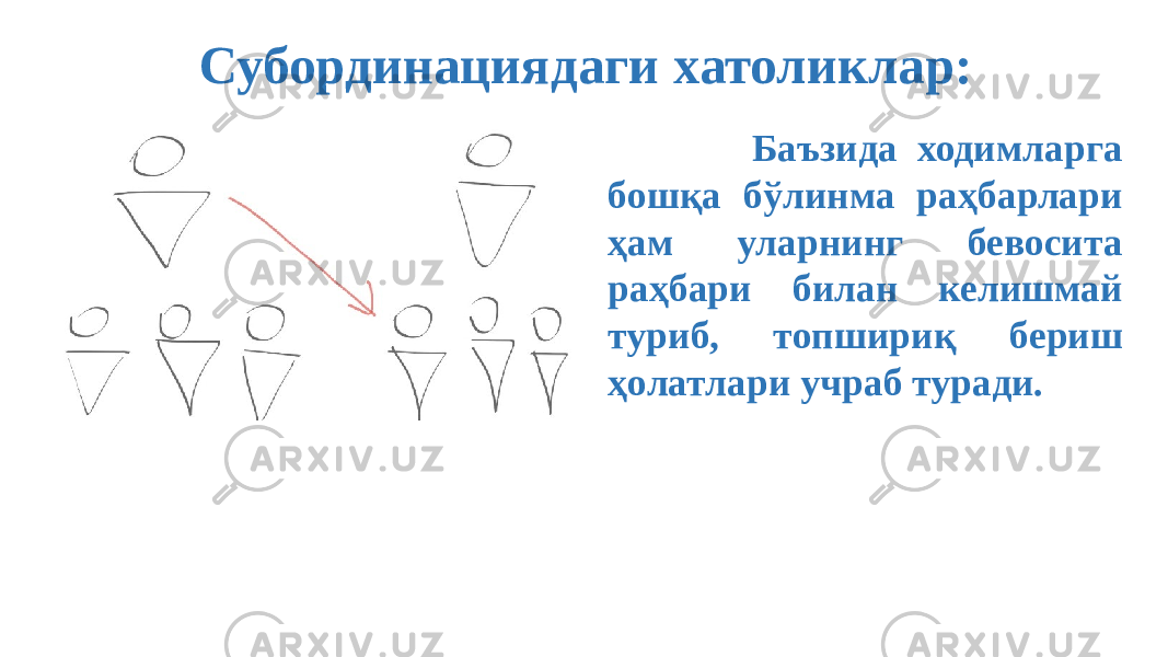 Субординациядаги хатоликлар: Баъзида ходимларга бошқа бўлинма раҳбарлари ҳам уларнинг бевосита раҳбари билан келишмай туриб, топшириқ бериш ҳолатлари учраб туради. 