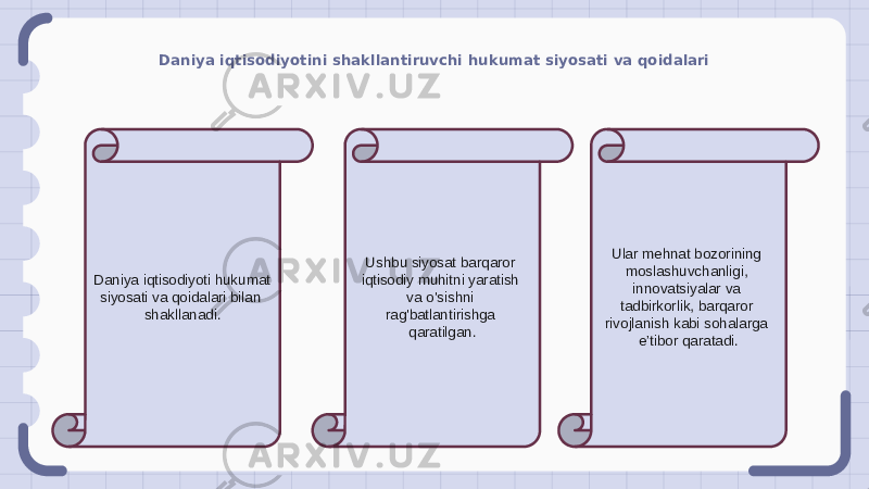 Daniya iqtisodiyotini shakllantiruvchi hukumat siyosati va qoidalari Daniya iqtisodiyoti hukumat siyosati va qoidalari bilan shakllanadi. Ushbu siyosat barqaror iqtisodiy muhitni yaratish va o&#39;sishni rag&#39;batlantirishga qaratilgan. Ular mehnat bozorining moslashuvchanligi, innovatsiyalar va tadbirkorlik, barqaror rivojlanish kabi sohalarga e’tibor qaratadi. 