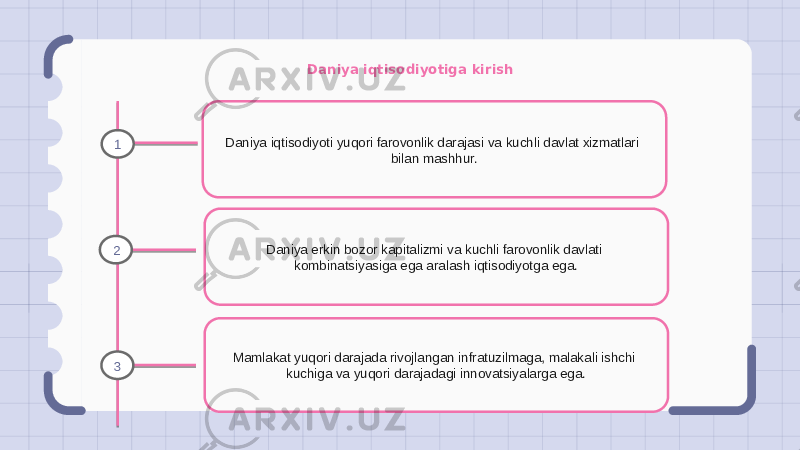 Daniya iqtisodiyotiga kirish Daniya iqtisodiyoti yuqori farovonlik darajasi va kuchli davlat xizmatlari bilan mashhur. Daniya erkin bozor kapitalizmi va kuchli farovonlik davlati kombinatsiyasiga ega aralash iqtisodiyotga ega. Mamlakat yuqori darajada rivojlangan infratuzilmaga, malakali ishchi kuchiga va yuqori darajadagi innovatsiyalarga ega.1 2 3 