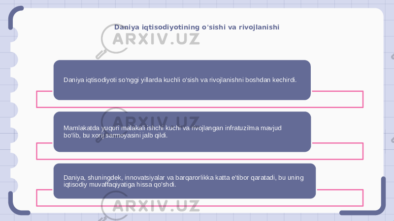 Daniya iqtisodiyotining o&#39;sishi va rivojlanishi Daniya iqtisodiyoti so&#39;nggi yillarda kuchli o&#39;sish va rivojlanishni boshdan kechirdi. Mamlakatda yuqori malakali ishchi kuchi va rivojlangan infratuzilma mavjud bo‘lib, bu xorij sarmoyasini jalb qildi. Daniya, shuningdek, innovatsiyalar va barqarorlikka katta e&#39;tibor qaratadi, bu uning iqtisodiy muvaffaqiyatiga hissa qo&#39;shdi. 