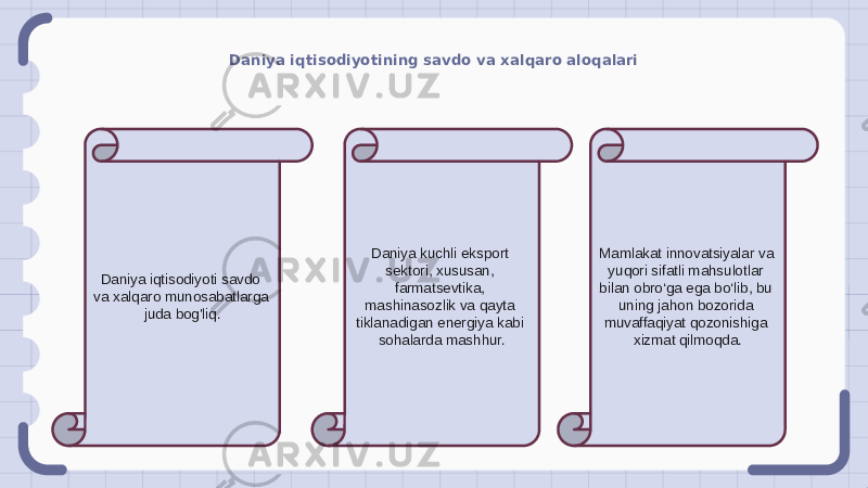 Daniya iqtisodiyotining savdo va xalqaro aloqalari Daniya iqtisodiyoti savdo va xalqaro munosabatlarga juda bog&#39;liq. Daniya kuchli eksport sektori, xususan, farmatsevtika, mashinasozlik va qayta tiklanadigan energiya kabi sohalarda mashhur. Mamlakat innovatsiyalar va yuqori sifatli mahsulotlar bilan obro‘ga ega bo‘lib, bu uning jahon bozorida muvaffaqiyat qozonishiga xizmat qilmoqda. 