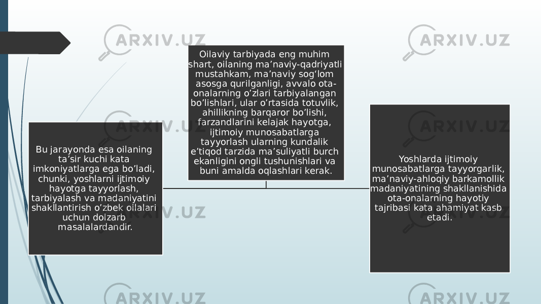 Bu jarayonda esa oilaning ta’sir kuchi kata imkoniyatlarga ega bo’ladi, chunki, yoshlarni ijtimoiy hayotga tayyorlash, tarbiyalash va madaniyatini shakllantirish o’zbek oilalari uchun dolzarb masalalardandir. Yoshlarda ijtimoiy munosabatlarga tayyorgarlik, ma’naviy-ahloqiy barkamollik madaniyatining shakllanishida ota-onalarning hayotiy tajribasi kata ahamiyat kasb etadi.Oilaviy tarbiyada eng muhim shart, oilaning ma’naviy-qadriyatli mustahkam, ma’naviy sogʻlom asosga qurilganligi, avvalo ota- onalarning o’zlari tarbiyalangan bo’lishlari, ular o’rtasida totuvlik, ahillikning barqaror bo’lishi, farzandlarini kelajak hayotga, ijtimoiy munosabatlarga tayyorlash ularning kundalik e’tiqod tarzida ma’suliyatli burch ekanligini ongli tushunishlari va buni amalda oqlashlari kerak. 