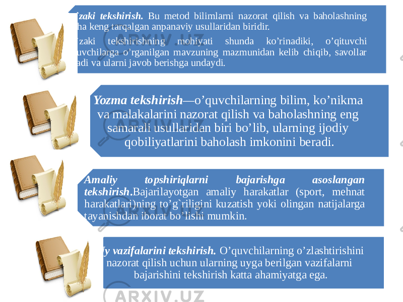 Og`zaki tekshirish. Bu metod bilimlarni nazorat qilish va baholashning ancha keng tarqalgan anpanaviy usullaridan biridir. Og`zaki tekshirishning mohiyati shunda ko’rinadiki, o’qituvchi o’quvchilarga o’rganilgan mavzuning mazmunidan kelib chiqib, savollar beradi va ularni javob berishga undaydi. Yozma tekshirish — o’quvchilarning bilim, ko’nikma va malakalarini nazorat qilish va baholashning eng samarali usullaridan biri bo’lib, ularning ijodiy qobiliyatlarini baholash imkonini beradi. Amaliy topshiriqlarni bajarishga asoslangan tekshirish . Bajarilayotgan amaliy harakatlar (sport, mehnat harakatlari)ning to’g`riligini kuzatish yoki olingan natijalarga tayanishdan iborat bo’lishi mumkin. Uy vazifalarini tekshirish. O’quvchilarning o’zlashtirishini nazorat qilish uchun ularning uyga berilgan vazifalarni bajarishini tekshirish katta ahamiyatga ega. 