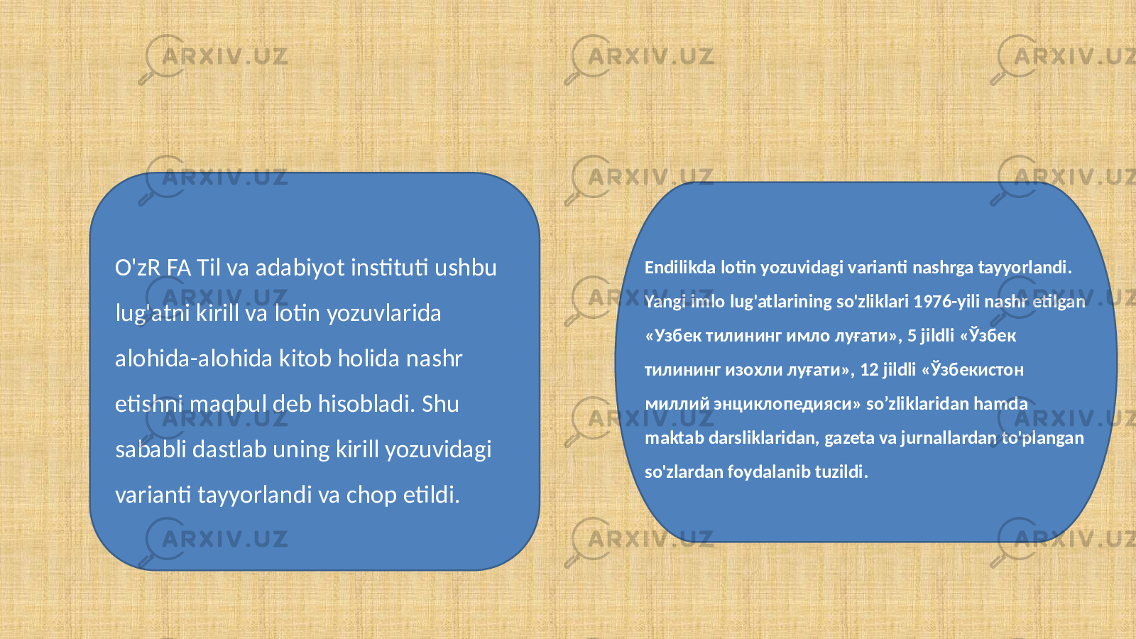 O&#39;zR FA Til va adabiyot instituti ushbu lug&#39;atni kirill va lotin yozuvlarida alohida-alohida kitob holida nashr etishni maqbul deb hisobladi. Shu sababli dastlab uning kirill yozuvidagi varianti tayyorlandi va chop etildi. Endilikda lotin yozuvidagi varianti nashrga tayyorlandi. Yangi imlo lug&#39;atlarining so&#39;zliklari 1976-yili nashr etilgan «Узбек тилининг имло луғати», 5 jildli «Ўзбек тилининг изохли луғати», 12 jildli «Ўзбекистон миллий энциклопедияси» so’zliklaridan hamda maktab darsliklaridan, gazeta va jurnallardan to&#39;plangan so&#39;zlardan foydalanib tuzildi. 