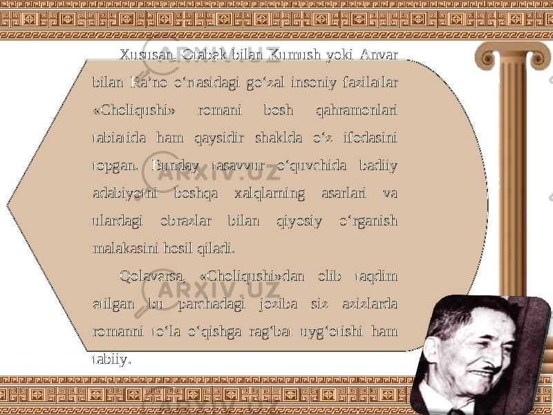 Xususan, Otabek bilan Kumush yoki Anvar bilan Ra’no o‘rtasidagi go‘zal insoniy fazilatlar «Choliqushi» romani bosh qahramonlari tabiatida ham qaysidir shaklda o‘z ifodasini topgan. Bunday tasavvur o‘quvchida badiiy adabiyotni boshqa xalqlarning asarlari va ulardagi obrazlar bilan qiyosiy o‘rganish malakasini hosil qiladi. Qolaversa, «Choliqushi»dan olib taqdim etilgan bu parchadagi joziba siz azizlarda romanni to‘la o‘qishga rag‘bat uyg‘otishi ham tabiiy. 