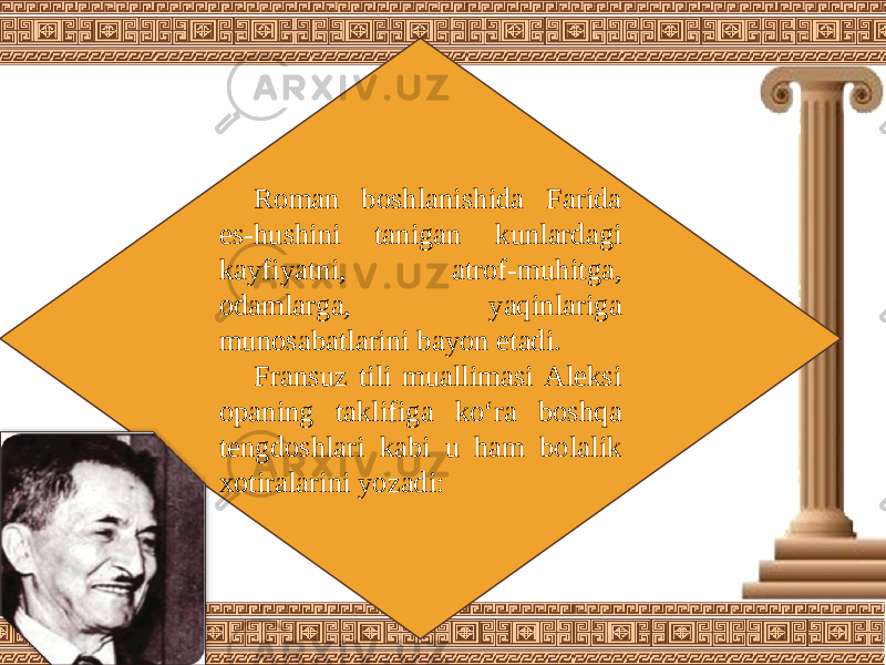 Roman boshlanishida Farida es-hushini tanigan kunlardagi kayfiyatni, atrof-muhitga, odamlarga, yaqinlariga munosabatlarini bayon etadi. Fransuz tili muallimasi Aleksi opaning taklifiga ko‘ra boshqa tengdoshlari kabi u ham bolalik xotiralarini yozadi: 