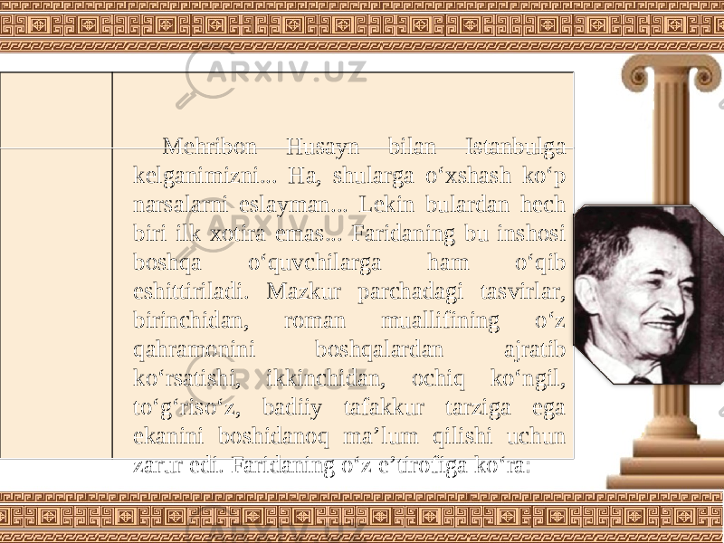 Mehribon Husayn bilan Istanbulga kelganimizni... Ha, shularga o‘xshash ko‘p narsalarni eslayman... Lekin bulardan hech biri ilk xotira emas... Faridaning bu inshosi boshqa o‘quvchilarga ham o‘qib eshittiriladi. Mazkur parchadagi tasvirlar, birinchidan, roman muallifining o‘z qahramonini boshqalardan ajratib ko‘rsatishi, ikkinchidan, ochiq ko‘ngil, to‘g‘riso‘z, badiiy tafakkur tarziga ega ekanini boshidanoq ma’lum qilishi uchun zarur edi. Faridaning o‘z e’tirofiga ko‘ra: 