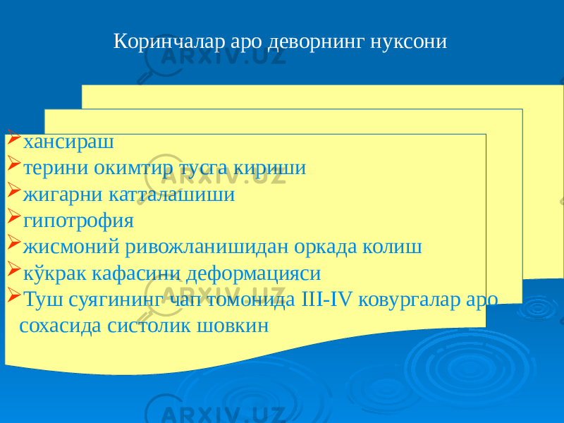 Коринчалар аро деворнинг нуксони  хансираш  терини окимтир тусга кириши  жигарни катталашиши  гипотрофия  жисмоний ривожланишидан оркада колиш  кўкрак кафасини деформацияси  Туш суягининг чап томонида III-IV ковургалар аро сохасида систолик шовкин 