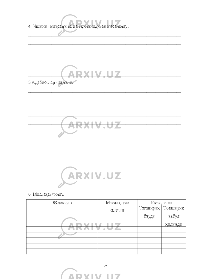 4. Ишнинг ма қ сади ва ҳ ал қ илинадиган масалалар: __________________________________________________________________ __________________________________________________________________ __________________________________________________________________ __________________________________________________________________ __________________________________________________________________ __________________________________________________________________ 5. Адабиётлар таҳлили : __________________________________________________________________ __________________________________________________________________ __________________________________________________________________ __________________________________________________________________ __________________________________________________________________ 6. Маслаҳатчилар. Бўлимлар Маслаҳатчи Ф.И.Ш Имзо, сана Топшириқ берди Топшириқ қабул қилинди 57 