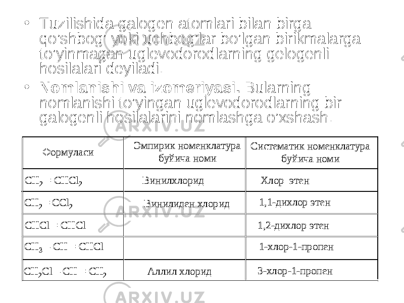 • Tuzilishida galogen atomlari bilan birga qo’shbog’ yoki uchbog’lar bo’lgan birikmalarga to’yinmagan uglevodorodlarning gelogenli hosilalari deyiladi. • Nomlanishi va izomeriyasi. Bularning nomlanishi to’yingan uglevodorodlarning bir galogenli hosilalarini nomlashga o’xshash.Формуласи Эмпирик номенклатура буйича номи Систематик номенклатура буйича номи СН 2 = CH С l 2 Винилхлорид Хлор этен СН 2 = CCl 2 CHCl = CHCl CH 3 – CH = CHCl CH 2 Cl – CH = CH 2 Винилиден хлорид Аллил хлорид 1,1 -дихлор этен 1,2 -дихлор этен 1-хлор -1-пропен 3-хлор -1-пропен Формуласи Эмпирик номенклатура буйича номи Систематик номенклатура буйича номи СН2 = CH С l 2 Винилхлорид Хлор этен СН 2 = CCl 2 CHCl = CHCl CH 3 – CH = CHCl CH 2 Cl – CH = CH 2 Винилиден хлорид Аллил хлорид 1,1 -дихлор этен 1,2 -дихлор этен 1-хлор -1-пропен 3-хлор -1-пропен 