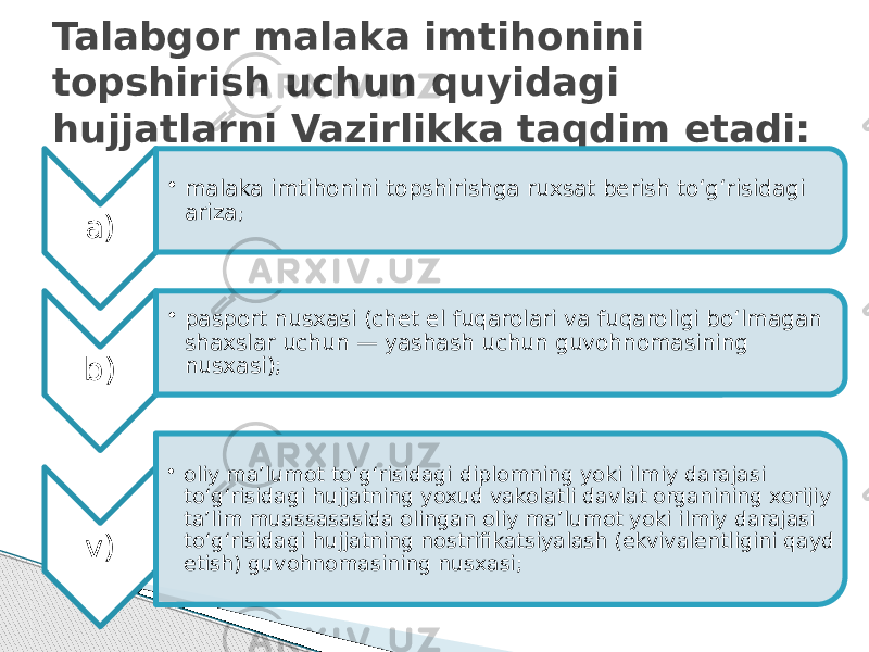 Talabgor malaka imtihonini topshirish uchun quyidagi hujjatlarni Vazirlikka taqdim etadi: a) • malaka imtihonini topshirishga ruxsat berish to‘g‘risidagi ariza ; b) • pasport nusxasi (chet el fuqarolari va fuqaroligi bo‘lmagan shaxslar uchun — yashash uchun guvohnomasining nusxasi); v) • oliy ma’lumot to‘g‘risidagi diplomning yoki ilmiy darajasi to‘g‘risidagi hujjatning yoxud vakolatli davlat organining xorijiy ta’lim muassasasida olingan oliy ma’lumot yoki ilmiy darajasi to‘g‘risidagi hujjatning nostrifikatsiyalash (ekvivalentligini qayd etish) guvohnomasining nusxasi; 