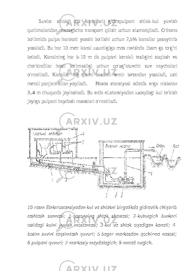 Suvlar shlak, kul kanallari gidropulpani shlak-kul yuvish qurilmalaridan nasosgacha transport qilish uchun xizmatqiladi. O&#39;thona bo&#39;limida pulpa harakati yaxshi bo&#39;lishi uchun 2,5% kanallar pasaytirib yasaladi. Bu har 10 metr kanal uzunligiga mos ravishda 15sm ga to&#39;g’ri keladi. Kanalning har 5-10 m da pulpani kerakli tezligini saqlash va cho&#39;kindilar hosil bo&#39;lmasligi uchun qo&#39;zg’atuvchi suv naychalari o&#39;rnatiladi. Kanallar tag qismi bazaltli temir betondan yasaladi, usti metall panjara bilan yopiladi. Nasos stansiyasi odatda erga nisbatan 3..4 m chuqurda joylashadi. Bu erda el.stansiyadan uzoqdagi kul to&#39;kish joyiga pulpani haydash nasoslari o&#39;rnatiladi. 10-rasm Elektrostansiyadan kul va shlakni birgalikda gidravlik chiqarib tashlash sxemasi: 1-qozonning shlak shaxtasi; 2-kultutgich bunkeri ostidagi kulni yuvish moslamasi; 3-kul va shlak oqadigan kanali; 4- bosim suvini taqsimlash quvuri; 5-bager markazdan qochirma nasosi; 6-pulpani quvuri; 7-markaziy maydalagich; 8-metall tutgich. 