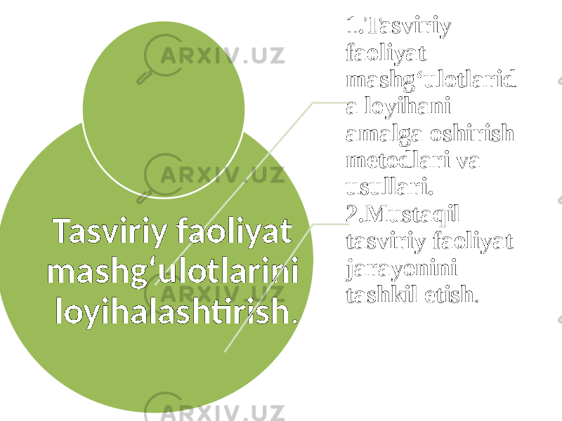 1.Tasviriy faoliyat mashg‘ulotlarid a loyihani amalga oshirish metodlari va usullari. 2.Mustаqil tаsviriy fаоliyat jаrаyonini tashkil etish .Tasviriy faoliyat mashg‘ulotlarini loyihalashtirish . 