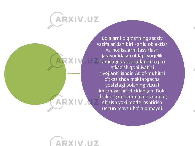 Bolalarni o&#39;qitishning asosiy vazifalaridan biri - aniq ob&#39;ektlar va hodisalarni tasvirlash jarayonida atrofdagi voqelik haqidagi taassurotlarini to&#39;g&#39;ri etkazish qobiliyatini rivojlantirishdir. Atrof-muhitni o&#39;tkazishda maktabgacha yoshdagi bolaning vizual imkoniyatlari cheklangan. Bola idrok etgan hamma narsa uning chizish yoki modellashtirish uchun mavzu bo&#39;la olmaydi . 