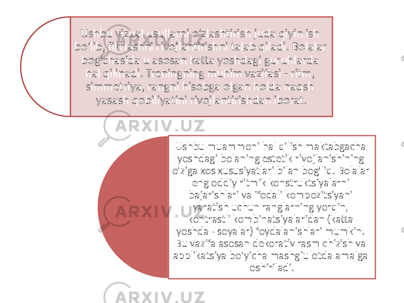 Ushbu vizual usullarni o&#39;zlashtirish juda qiyin ish bo&#39;lib, fikrlashni rivojlantirishni talab qiladi. Bolalar bog&#39;chasida u asosan katta yoshdagi guruhlarda hal qilinadi. Treningning muhim vazifasi - ritm, simmetriya, rangni hisobga olgan holda naqsh yasash qobiliyatini rivojlantirishdan iborat. Ushbu muammoni hal qilish maktabgacha yoshdagi bolaning estetik rivojlanishining o&#39;ziga xos xususiyatlari bilan bog&#39;liq. Bolalar eng oddiy ritmik konstruktsiyalarni bajarishlari va ifodali kompozitsiyani yaratish uchun ranglarning yorqin, kontrastli kombinatsiyalaridan (katta yoshda - soyalar) foydalanishlari mumkin. Bu vazifa asosan dekorativ rasm chizish va applikatsiya bo&#39;yicha mashg`ulotda amalga oshiriladi. 