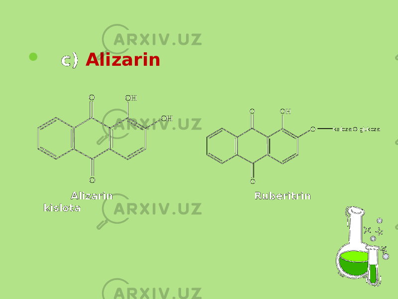  c) Alizarin Alizarin Rubеritrin kislota O HO O O HOH O O O ksiloza-O-glukoza 