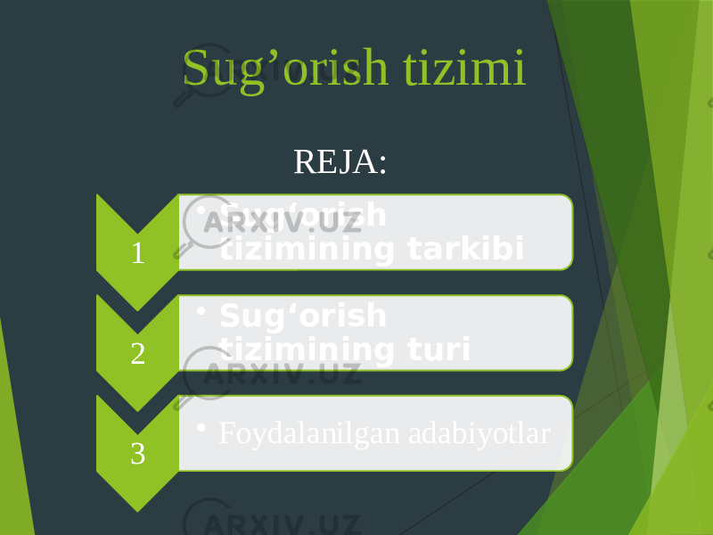 Sug’orish tizimi REJA: 1 • Sug‘orish tizimining tarkibi 2 • Sug‘orish tizimining turi 3 • Foydalanilgan adabiyotlar 