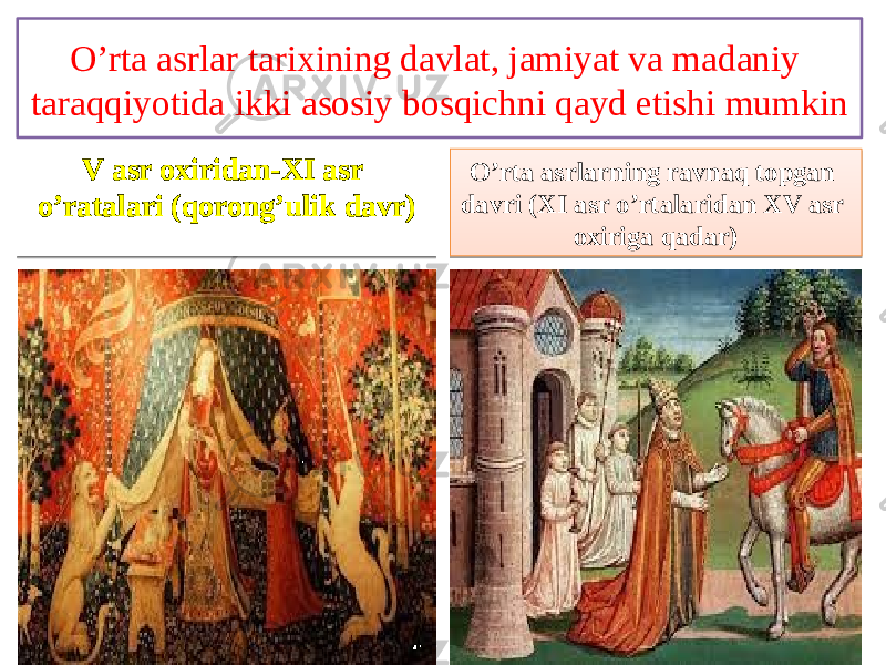 O’rta asrlar tarixining davlat, jamiyat va madaniy taraqqiyotida ikki asosiy bosqichni qayd etishi mumkin V asr oxiridan-XI asr o’ratalari (qorong’ulik davr) O’rta asrlarning ravnaq topgan davri (XI asr o’rtalaridan XV asr oxiriga qadar)1F 1C1D 26 13 1C190B 