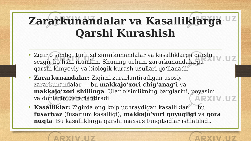 Zararkunandalar va Kasalliklarga Qarshi Kurashish • Zigir o‘simligi turli xil zararkunandalar va kasalliklarga qarshi sezgir bo‘lishi mumkin. Shuning uchun, zararkunandalarga qarshi kimyoviy va biologik kurash usullari qo‘llanadi. • Zararkunandalar: Zigirni zararlantiradigan asosiy zararkunandalar — bu makkajo‘xori chig‘anag‘i va makkajo‘xori shillinga . Ular o‘simlikning barglarini, poyasini va donlarini zararlantiradi. • Kasalliklar: Zigirda eng ko‘p uchraydigan kasalliklar — bu fusariyaz (fusarium kasalligi), makkajo‘xori quyuqligi va qora nuqta . Bu kasalliklarga qarshi maxsus fungitsidlar ishlatiladi. 