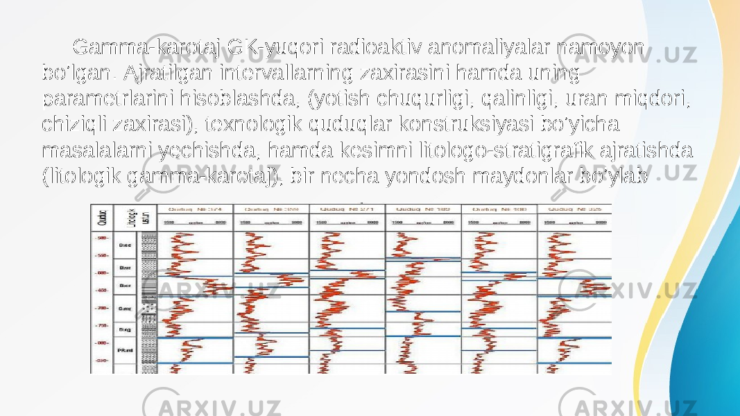  Gamma-karotaj GK-yuqori radioaktiv anomaliyalar namoyon boʼlgan. Аjratilgan intervallarning zaxirasini hamda uning parametrlarini hisoblashda, (yotish chuqurligi, qalinligi, uran miqdori, chiziqli zaxirasi), texnologik quduqlar konstruksiyasi boʼyicha masalalarni yechishda, hamda kesimni litologo-stratigrafik ajratishda (litologik gamma-karotaj), bir necha yondosh maydonlar boʼylab 