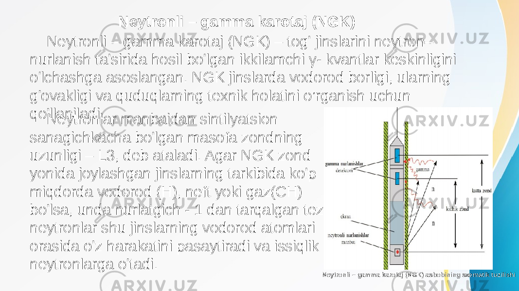  Neytronli – gamma karotaj (NGK) Neytronli – gamma karotaj (NGK) – tog&#39; jinslarini neytron– nurlanish ta&#39;sirida hosil bo&#39;lgan ikkilamchi γ- kvantlar keskinligini o&#39;lchashga asoslangan. NGK jinslarda vodorod borligi, ularning g&#39;ovakligi va quduqlarning texnik holatini o’rganish uchun qo&#39;llaniladi. Neytronli – gamma karotaj (NGK) asbobining sxematik tuzilishi Neytronlar manbaidan sintilyatsion sanagichkacha bo&#39;lgan masofa zondning uzunligi – L3, deb ataladi. Agar NGK zond yonida joylashgan jinslarning tarkibida ko&#39;p miqdorda vodorod (H), neft yoki gaz(CH) bo&#39;lsa, unda nurlatgich - 1 dan tarqalgan tez neytronlar shu jinslarning vodorod atomlari orasida o&#39;z harakatini pasaytiradi va issiqlik neytronlarga o&#39;tadi. 