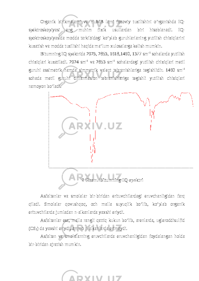 Organik birikmalarni va YuMB larni fazoviy tuzilishini o’rganishda IQ- spektroskopiyasi eng muhim fizik usullardan biri hisoblanadi. IQ- spoktroskopiyasida modda tarkibidagi ko’plab guruhlarlaning yutilish chiziqlarini kuzatish va modda tuzilishi haqida ma’lum xulosalarga kelish mumkin. Bitumning IQ-spektrida 2923, 2853, 1618,1460, 1377 sm -1 sohalarda yutilish chiziqlari kuzatiladi. 2924 sm -1 va 2853 sm -1 sohalardagi yutilish chiziqlari metil guruhi assimetrik hamda simmetrik valent tebranishlariga tegishlidir. 1460 sm -1 sohada metil guruhi diffarmasion tebranishlariga tegishli yutilish chiziqlari namoyon bo’ladi. 2-Rasm. Bitumning IQ-spektri Asfaltenlar va smolalar bir-biridan erituvchilardagi eruvchanligidan farq qiladi. Smolalar qovushqoq, och malla suyuqlik bo’lib, ko’plab organik erituvchilarda jumladan n-alkanlarda yaxshi eriydi. Asfaltenlar esa, malla rangli qattiq kukun bo’lib, arenlarda, ugleroddisulfid (CS 2 ) da yaxshi eriydi, ammo n-alkanlarda erimaydi. Asfalten va smolalarning eruvchilarda eruvchanligidan foydalangan holda bir-biridan ajratish mumkin. 