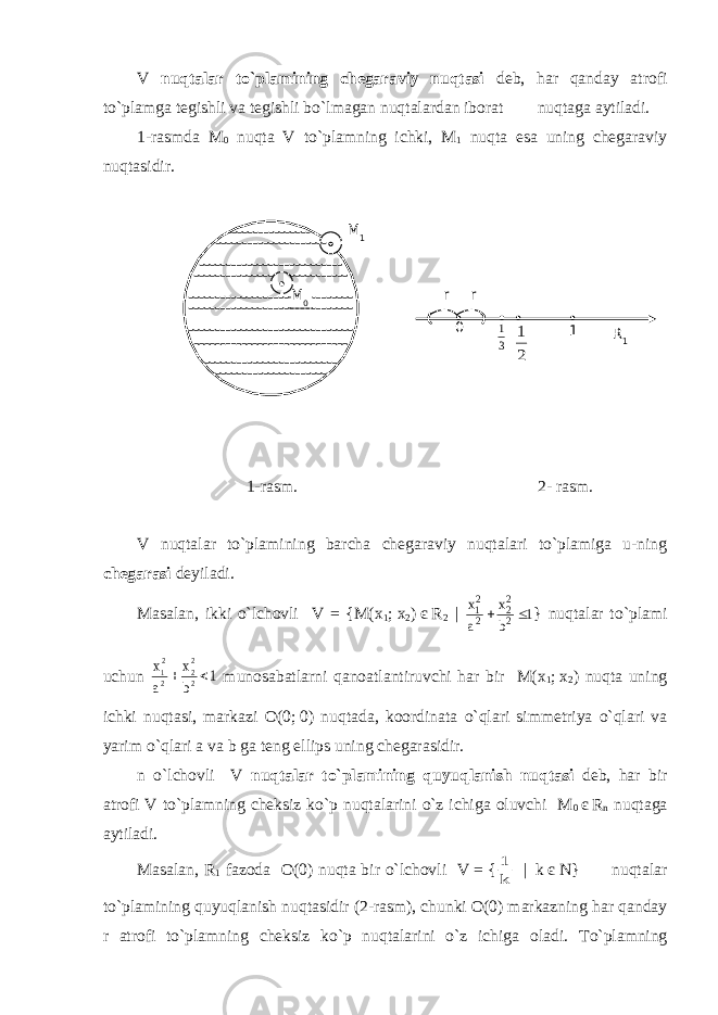V nuqtalar to`plamining chegaraviy nuqtasi deb, har qanday atrofi to`plamga tegishli va tegishli bo`lmagan nuqtalardan iborat nuqtaga aytiladi. 1-rasmda M 0 nuqta V to`plamning ichki, M 1 nuqta esa uning chegaraviy nuqtasidir. 1-rasm. 2- rasm. V nuqtalar to`plamining barcha chegaraviy nuqtalari to`plamiga u-ning chegarasi deyiladi. Masalan, ikki o`lchovli V = {M(x 1 ;   x 2 )   є   R 2   | 1 b x a x 2 22 2 21   } nuqtalar to`plami uchun 1 b x a x 2 22 2 21   munosabatlarni qanoatlantiruvchi har bir M(x 1 ;   x 2 ) nuqta uning ichki nuqtasi, markazi O(0;   0) nuqtada, koordinata o`qlari simmetriya o`qlari va yarim o`qlari a va b ga teng ellips uning chegarasidir. n o`lchovli V nuqtalar to`plamining quyuqlanish nuqtasi deb, har bir atrofi V to`plamning cheksiz ko`p nuqtalarini o`z ichiga oluvchi M 0   є   R n nuqtaga aytiladi. Masalan, R 1 fazoda O(0) nuqta bir o`lchovli V   =   { k 1     |     k   є   N} nuqtalar to`plamining quyuqlanish nuqtasidir (2-rasm), chunki O(0) markazning har qanday r atrofi to`plamning cheksiz ko`p nuqtalarini o`z ichiga oladi. To`plamningM 0 M 1 0 r r 3 1 2 1 1 R 1 