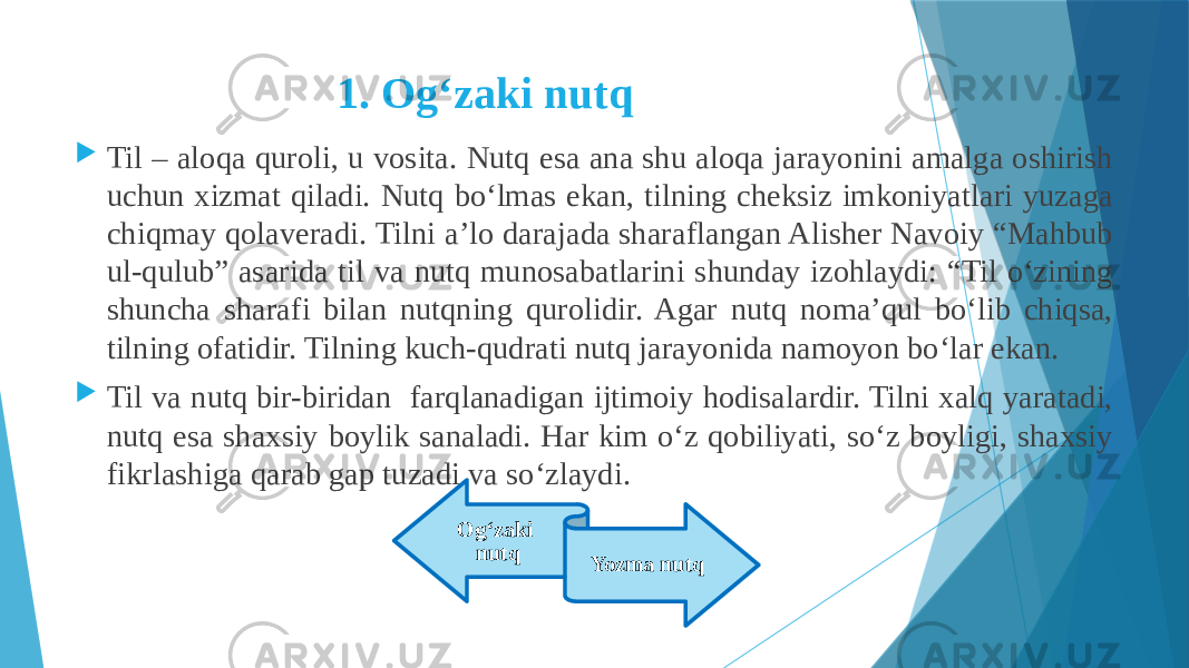 1. Og‘zaki nutq  Til – aloqa quroli, u vosita. Nutq esa ana shu aloqa jarayonini amalga oshirish uchun xizmat qiladi. Nutq bo‘lmas ekan, tilning cheksiz imkoniyatlari yuzaga chiqmay qolaveradi. Tilni a’lo darajada sharaflangan Alisher Navoiy “Mahbub ul-qulub” asarida til va nutq munosabatlarini shunday izohlaydi: “Til o‘zining shuncha sharafi bilan nutqning qurolidir. Agar nutq noma’qul bo‘lib chiqsa, tilning ofatidir. Tilning kuch-qudrati nutq jarayonida namoyon bo‘lar ekan.  Til va nutq bir-biridan farqlanadigan ijtimoiy hodisalardir. Tilni xalq yaratadi, nutq esa shaxsiy boylik sanaladi. Har kim o‘z qobiliyati, so‘z boyligi, shaxsiy fikrlashiga qarab gap tuzadi va so‘zlaydi. Og‘zaki nutq Yozma nutq 