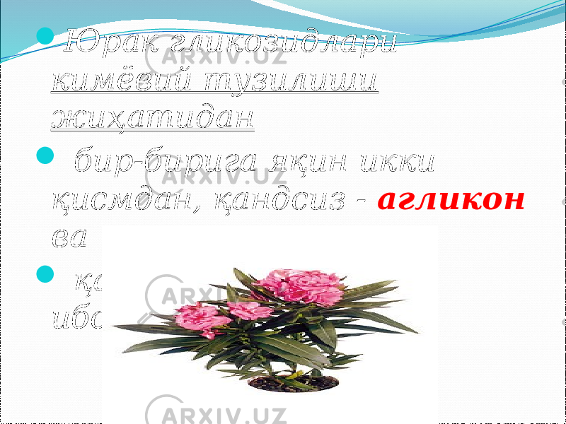  Юрак гликозидлари кимёвий тузилиши жиҳатидан  бир-бирига яқин икки қисмдан, қандсиз - агликон ва  қандли - гликон дан иборат. 